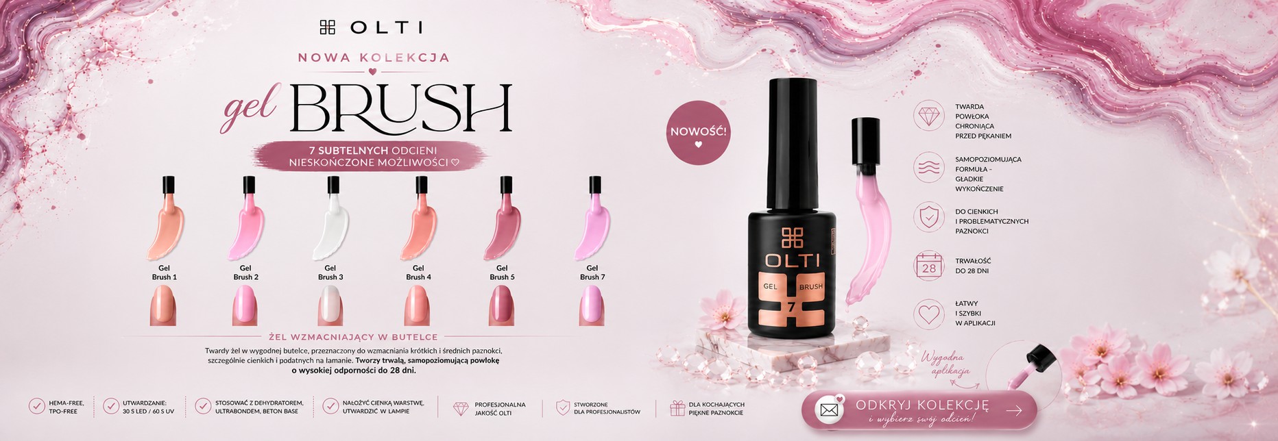 Promotional banner for OLTI Gel Brush with seven pastel nail gel colors on a pink background (new collection).