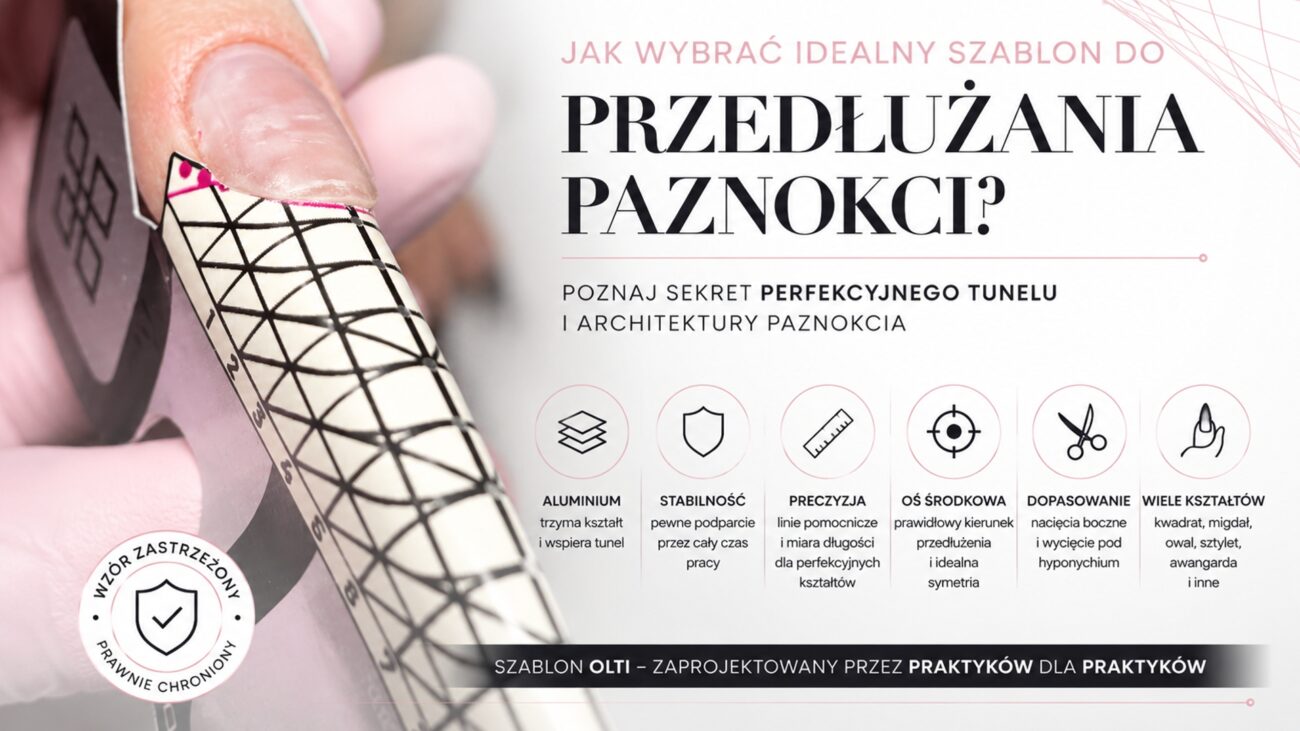 Close-up of a fingernail being wrapped with a geometric nail design, tape measure in the background and soft pink banner text overlap for a nail template promo image.