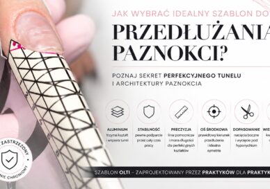 Close-up of a fingernail being wrapped with a geometric nail design, tape measure in the background and soft pink banner text overlap for a nail template promo image.