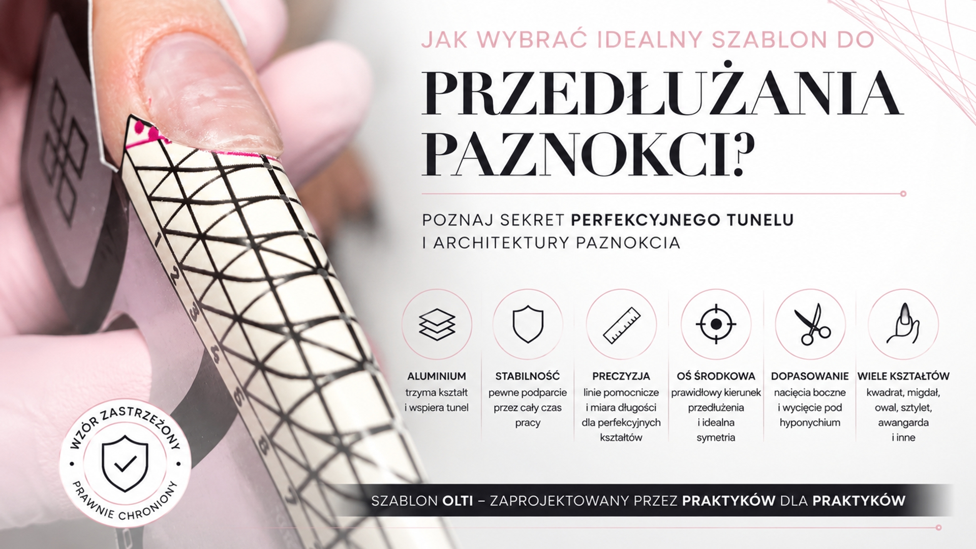 Close-up of a fingernail being wrapped with a geometric nail design, tape measure in the background and soft pink banner text overlap for a nail template promo image.