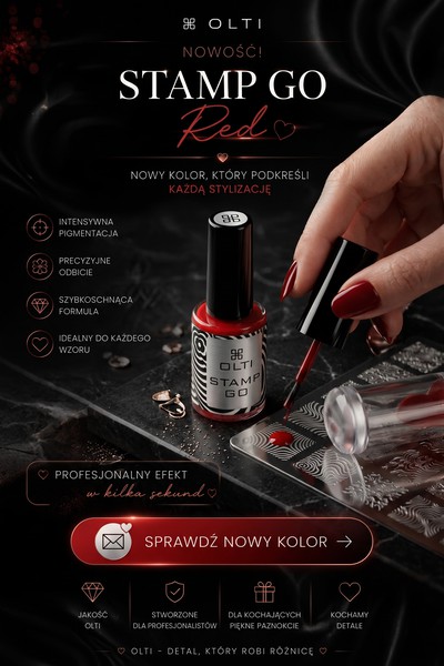 Promotional banner for OLTI Stamp Go Red nail polish, showing a hand applying red polish with the bottle and manicure kit, and a call-to-action reading 'Sprawdź nowy kolor'.