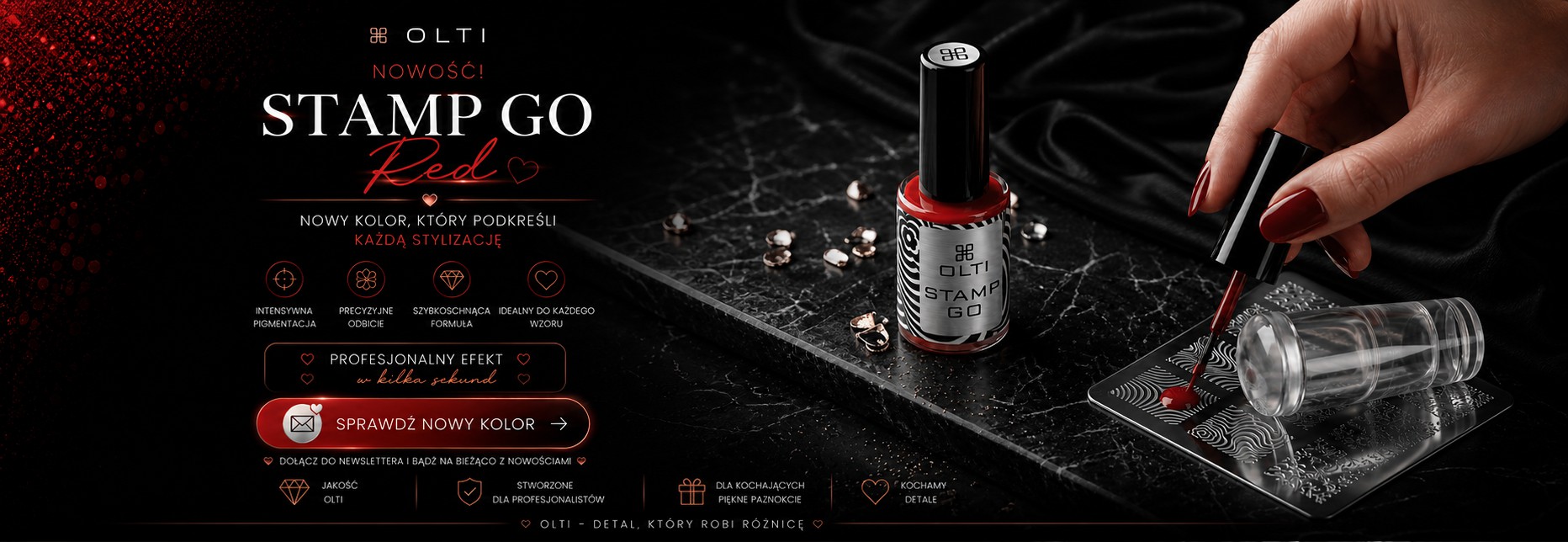 Banner ad for OLTI Stamp Go Red nail polish with a red bottle on a dark marble surface and a hand applying red polish to a patterned plate jewelry-like background.