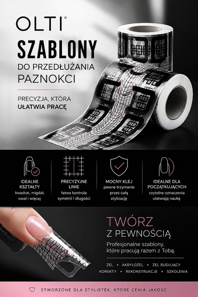 Plakat OLTI reklamujący szablony do paznokci; rolka taśmy z wzorem oraz ikony podkreślające precyzję i łatwość użycia.