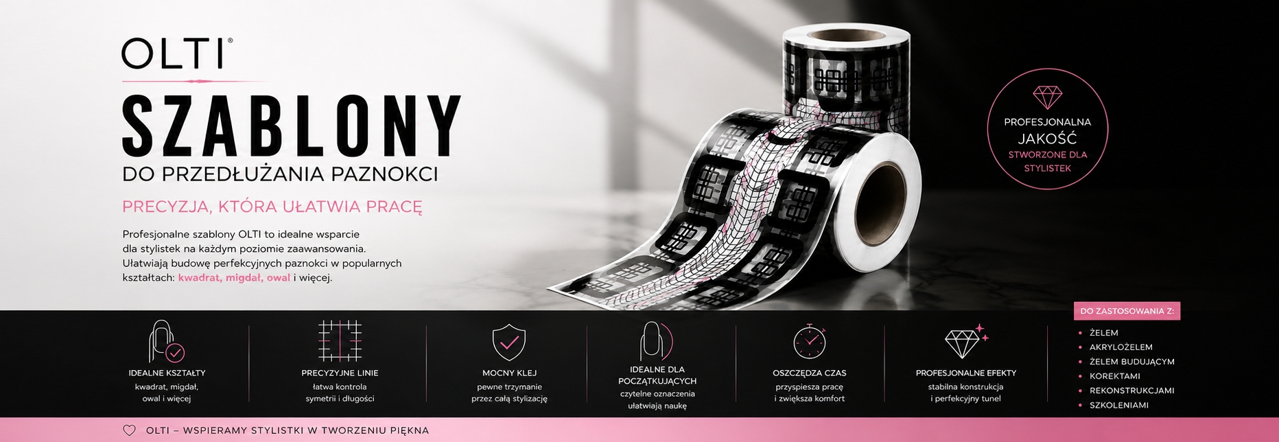 OLTI nail template banner: bold Polish text on the left and a roll of nail templates on the right, pink accent lineed design.