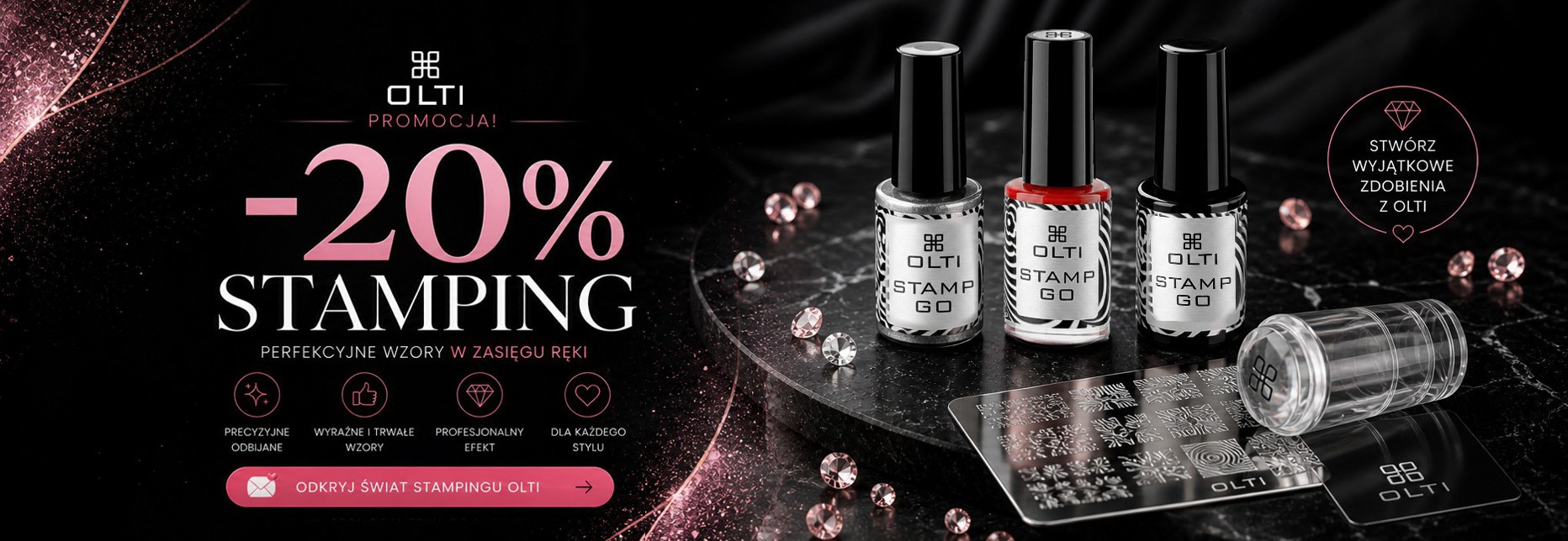 Promotional banner for OLTI stamping products offering 20% off, with nail polish bottles, stamping plate, and decorative gems on a dark background.