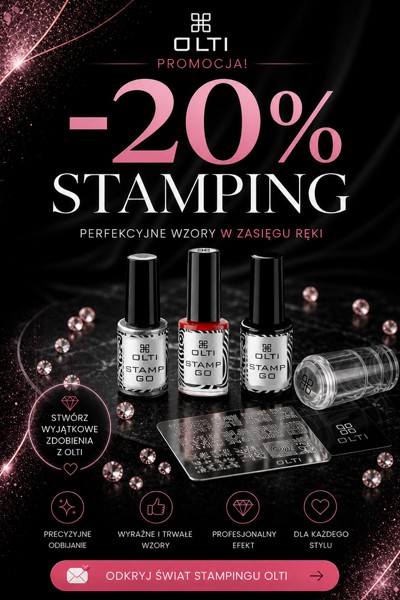 Promo poster for Olti stamping –20% sale: four nail polish bottles, stamping plate, and a clear stamper with pink sparkle on a black background.