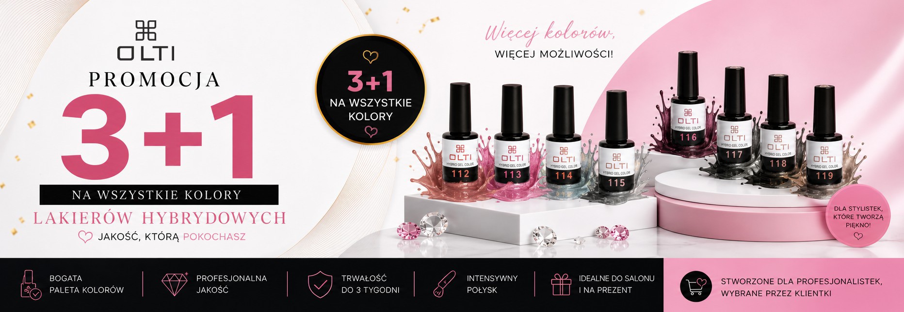 Promotional banner for Olti: 3+1 on all gel nail colors with pink accents and collection of polishes on display.