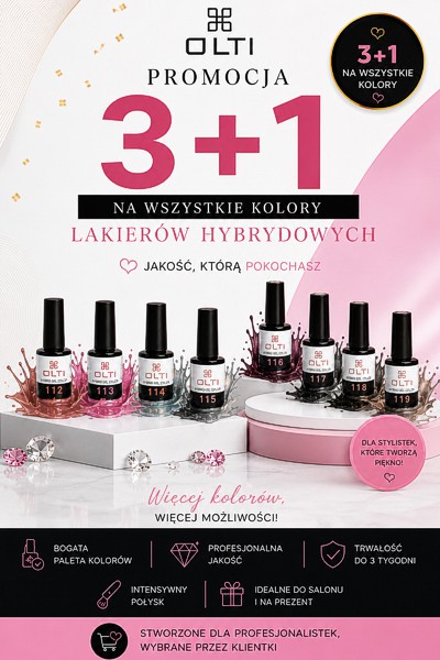 Promotional poster for OLTI: '3+1' on all colors of hybrydowych nail polishes, row of bottles against a pink and white background with promotional badges.