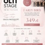 Poster for OLTI Stage Poznań featuring Early Bird ticket 349 zł and a '1 Bilet' button.