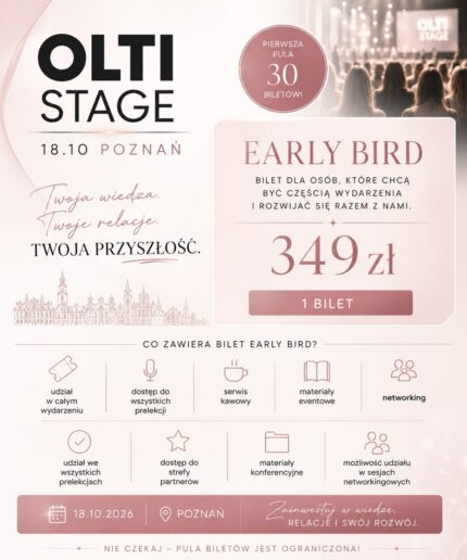 Poster for OLTI Stage Poznań featuring Early Bird ticket 349 zł and a '1 Bilet' button.