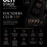 Promotional poster for OLTI STAGE: Founders Club VIP with 1999 zł ticket and VIP badge promotion in a dark, luxury design.