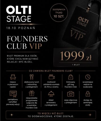Promotional poster for OLTI STAGE: Founders Club VIP with 1999 zł ticket and VIP badge promotion in a dark, luxury design.