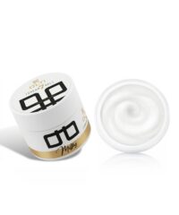 White cosmetic cream jar with a gold band, open to reveal a smooth white moisturizer labeled 'Milky' and geometric logo on the lid.