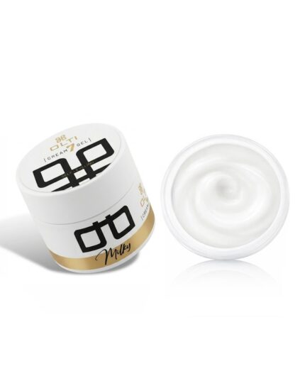 White cosmetic cream jar with a gold band, open to reveal a smooth white moisturizer labeled 'Milky' and geometric logo on the lid.