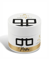 White cosmetic jar with a gold band and bold black logo, labeled Milky on the front.