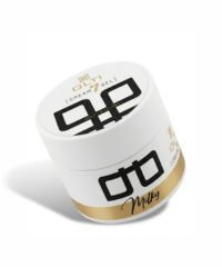 White jar of Milky Self-Leveling Gel with a gold band around the bottom edge and bold black logo text on the lid/canister