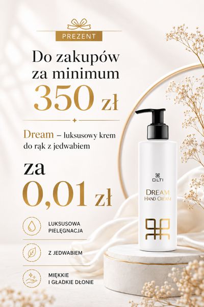 Promo poster: buy minimum 350 zł to receive a Dream luxury hand cream for 0,01 zł; bottle of Dream Hand Cream shown with elegant beige background.