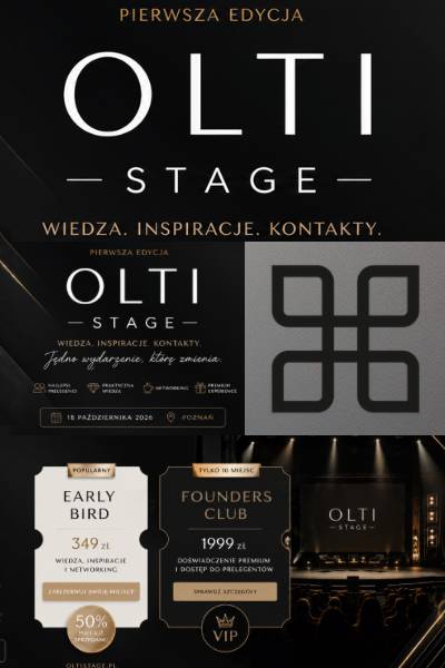 Collage of OLTI Stage promotional materials: large OLTI Stage logo, tagline, and a theater stage image.